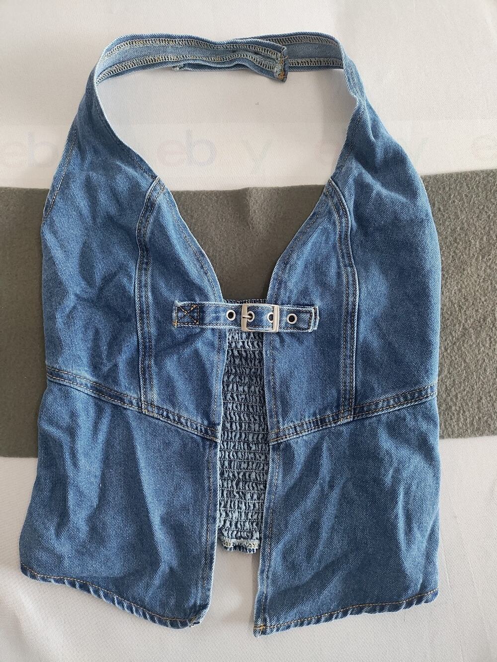 Denim Halter Top Open Front Womens XS Festival Hippie Boho Country Jean Concert